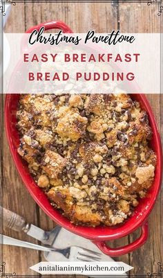 a red casserole dish filled with bread pudding and topped with crumbs