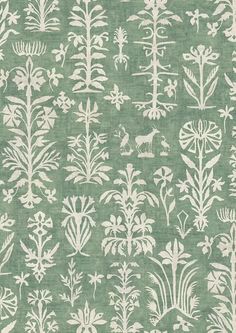 a green and white wallpaper with various plants on the side, including leaves and flowers