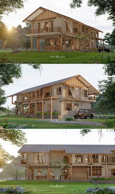 three different views of a house in the woods