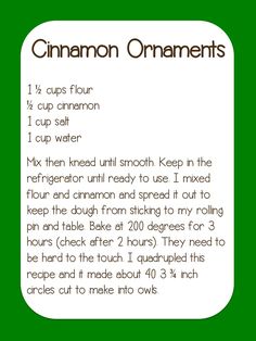 the instructions for making cinnamon ornaments on a green background with white text and black lettering