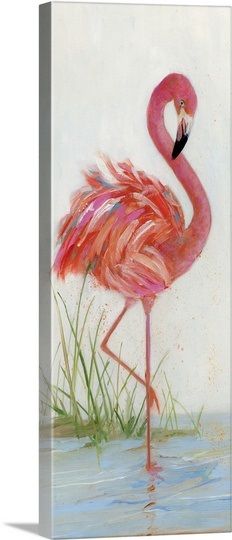 a painting of a pink flamingo standing in the water