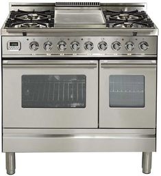 an oven with two burners on the front and one door open, in stainless steel