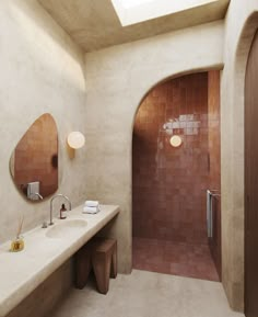 a bathroom with two sinks and a large mirror