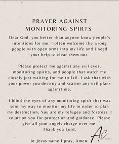 a prayer card with the words prayer against monitoring spirits