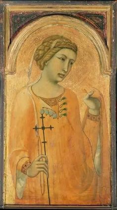 an old painting with a woman holding a cross