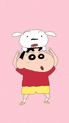 a person with a sheep on top of their head in front of a pink background