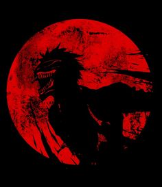 a black and red image of a dragon in front of a full moon