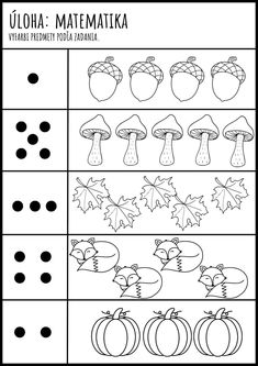 the worksheet for an autumn counting game with mushrooms, leaves and acorns