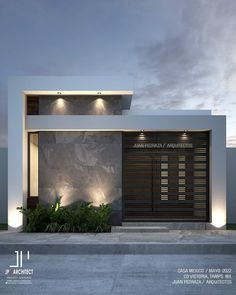 an architectural rendering of a modern house with lights on the front door and side entrance