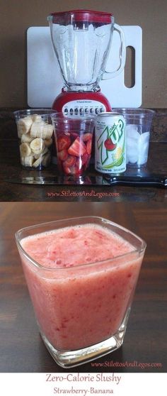 there is a blender with some fruit in it next to a bowl full of strawberries