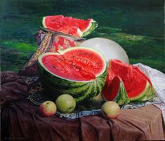 a painting of watermelon and apples on a table with other fruit in the background