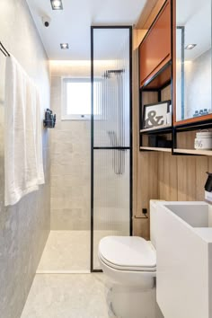 a bathroom with a white toilet sitting next to a walk in shower and wooden cabinets