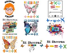 various stickers with different designs and colors on them, including the words ed sheeran