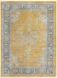 a yellow and blue rug with an ornate design on the bottom, in front of a white background