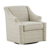 an upholstered swive chair is shown with the arms folded back and legs down