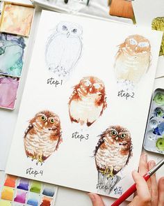 an artist is painting three owls with watercolors on paper and colored pencils