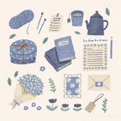 an illustration of blue items on a white background, including a teapot, hat, gloves and other things