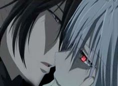 two anime characters are facing each other with red eyes