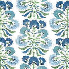 a blue and green flower pattern on white fabric