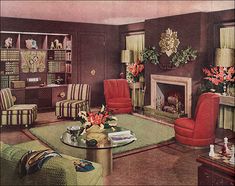 a living room filled with furniture and a fire place next to a book shelf full of books