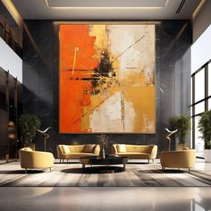 an abstract painting hangs in the middle of a room with two chairs and a coffee table