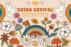 the retro revival graphic collection includes flowers, rainbows and doves in various colors