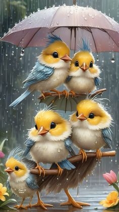 three little birds sitting under an umbrella in the rain