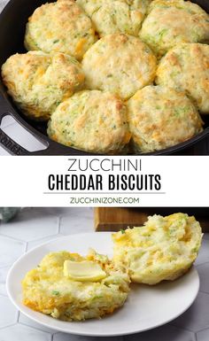 zucchini cheddar biscuits in a cast iron skillet on a white plate