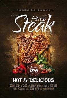 the steak flyer is ready to be used as an advertisement for a restaurant or bar