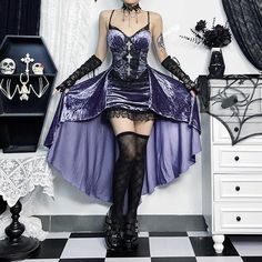 Please refer to our sizing chart for a guideline when choosing a size. 5 business days order processing time. 90% polyester 10% spandex. Drag Dresses, Purple Goth, Purple Gothic, Hot Clothes, Grunge Dress, Gothic Clothing, Gothic Dress, Velvet Lace, Lace Hem