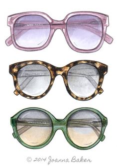 three pairs of sunglasses are shown in different colors and sizes, one is pink, the other is green