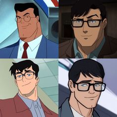 four cartoon characters with different facial expressions and hair styles, all in suits and ties