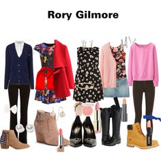 a group of women's clothing and shoes with the words roxy gitmore