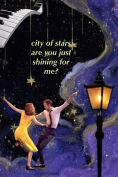 a man and woman dancing in front of a piano with the caption city of stars are you just shining for me?