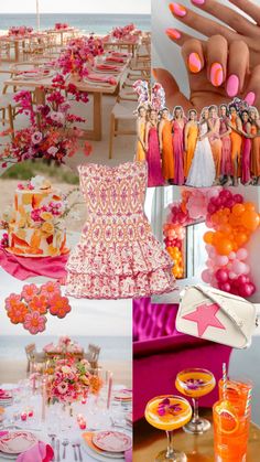 pink and orange wedding theme with lots of food, drinks and decorations on the table