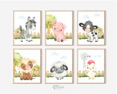 four pictures of farm animals in the grass