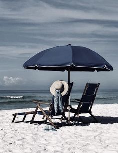 two chairs and an umbrella on the beach