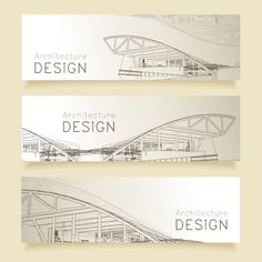 three horizontal banners with architectural drawings on them, one for architecture and the other for design