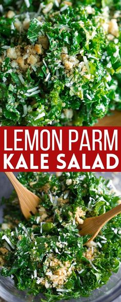 kale salad with lemon dressing topped with parmesan cheese and toasted breadcrumb croutons Parmesan Kale Salad, Kale Salad Recipes, Kale Recipes, Garden Recipes, Kale Salad, Healthy Salad Recipes, Healthy Salads, Delicious Salads, Soup And Salad