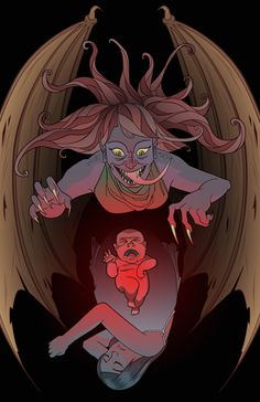 an illustration of a demon holding a baby