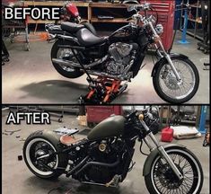 the before and after shots of a motorcycle