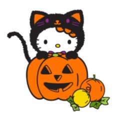 a hello kitty sitting on top of a pumpkin