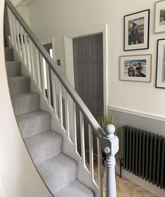 a staircase with pictures on the wall above it and a plant in a vase at the bottom