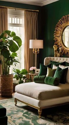 a bedroom with green walls, gold accents and a large mirror on the wall above the bed