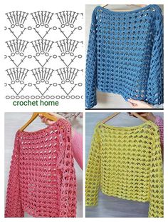 crocheted sweaters are shown in three different colors and sizes, with the same pattern