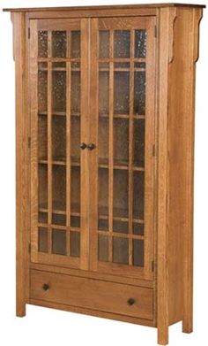 a wooden cabinet with glass doors on the front and bottom shelves, in an oak finish