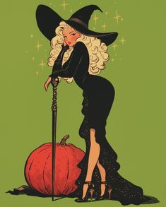 an illustration of a woman dressed as a witch leaning on a broom next to a pumpkin