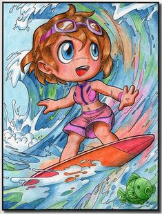 a drawing of a girl on a surfboard riding a wave with an octopus in the background