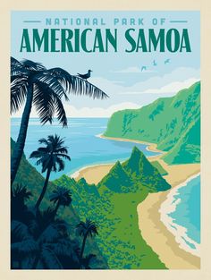 an image of the national park of american samoa, with palm trees and mountains in the background