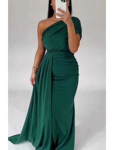 Mermaid / Trumpet Evening Gown Elegant Dress Formal Christmas Red Green Dress Sweep / Brush Train Short Sleeve One Shoulder Satin with Pleats Ruched Red Green Dress, Gown Elegant, Dresses Formal Elegant, Evening Gowns Elegant, Black Friday Promotions, Christmas Red, Dress Formal, Elegant Dress, Red Christmas